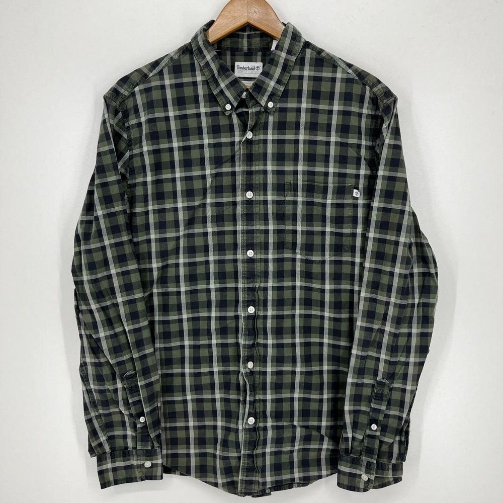 Timberland Mens XL Plaid Button Down Shirt Green Navy Cotton Regular Fit